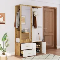 OKWISH Armoires d’Entrée - Vestiaire avec Miroir et Penderie Extensible, Rangement Chaussures et Tiroirs, MDF et Panneaux de Particules, Blanc et Bois