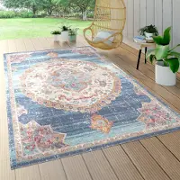Paco Home Tapis d'extérieur résistant aux intempéries Balcon Cuisine Motif oriental Bordures modernes Bleu Beige Taille 160 cm Rond