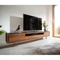 DELIFE Meuble-TV Stonegrace 240 cm acacia marron 2 portes 2 tiroirs 1 compartiment placage pierre pied en V noir