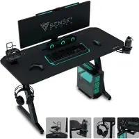 Sense7 Nomad Basic : bureau gaming 120 x 60 cm, bureau d'ordinateur, bureau PC, bureau pour gamers, aspect carbone, support pour casque, gestion des câbles