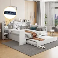 MODFU Lit Gigogne Double 140x200 cm - Lit en Bois Massif avec Bureau, Étagères et Lit Coulissant Sous Le Lit, Design Moderne, Blanc, Sans Matelas