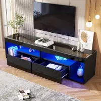MODFU Meuble TV Élégant avec Éclairage LED et 2 Tiroirs - Meuble Bas Haute Brillance, Noir et MDF, 180×40×46 cm