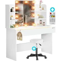 Casaria Coiffeuse Lucia Blanc 140x110x40cm avec LED + tabouret à roulettes