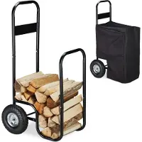 Relaxdays Chariot à bois en métal, bâche de protection contre les intempéries, 2 roues, 60 kg, transport et rangement, chariot à bois de chauffage, noir