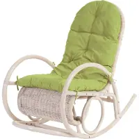 Mendler Fauteuil à bascule Esmeraldas, rocking-chair, fauteuil en rotin, blanc rembourrage vert