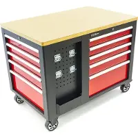 HBM Établi mobile avec plateau en bois et 10 tiroirs, rouge noir