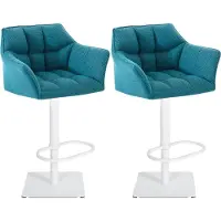 CLP - Ensemble de 2 tabourets de bar Damaso, revêtus de tissu, pivotants et réglables en hauteur, jusqu'à 240 kg. Couleur : turquoise. Structure : blanche