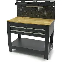 HBM établi 115 cm avec 3 tiroirs, plan de travail en bois et panneau arrière, noir
