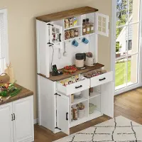 MODFU Buffet Moderne avec LED et Prise, Rangement Haut avec 2 Grands Tiroirs et Tablettes Ajustables, MDF Métal - Blanc 100 × 40 × 172 cm