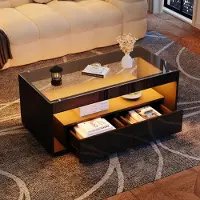 MODFU Table Basse Noire avec LED et 2 Tiroirs - Meuble de Salon en MDF et Verre Trempé, 100×50×40 cm
