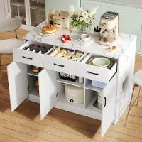 OKWISH Îlot de Cuisine - Desserte Cuisine avec 3 Tiroirs Silencieux, 3 Portes et Étagères Réglables, Plateau Marbre, 120x60x90,5 cm, Blanc