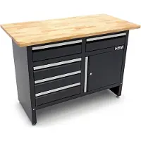 HBM établi 120 cm avec 5 tiroirs et porte, plan de travail en bois massif, noir