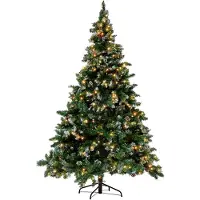 Beliani Sapin de Noël artificiel de 210 cm, recouvert de neige, avec des lumières et des pommes de pin, support noir