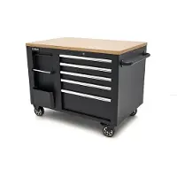 HBM Chariot à outils mobile avec établi de 114 cm et plan de travail en bois, noir