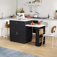MODFU Îlot de Cuisine avec Table Intégrée et Rangement - Meuble Extensible avec Prise Électrique, Design Bicolore - MDF Noir, 211x55x89,5 cm