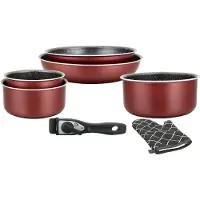 Herzberg Batterie de cuisine revêtement pierre avec manche amovible 7 pièces bordeaux HG8053-BR