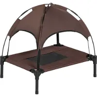 PawHut Lit surélevé pour chien avec baldaquin, lit pour animaux domestiques, lit pour chien à l'extérieur avec toit, respirant, tissu taffetas pour le camping Café 61 x 46 x 62 cm