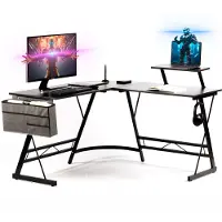 GADGY Game Desk Carbon PRO - Gaming Corner Desk 130 CM Wide - Gaming Desk with Carbon Details - Gaming Desk L-Shape with Headphone Holder, Screen Raise & Storage Basket - Level Up with Gadgy - Black