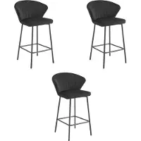Leobert Tabouret De Bar - - Gatta - Velours Noir/Pieds Noirs - Lot De 3