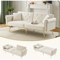 MODFU Canapé DroitConvertible - 2 Places Dossier Réglable Tissu Velours Beige