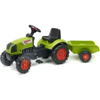 Falk Tracteur Claas vert à pédales avec remorque et klaxon, à partir de 2 ans.