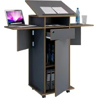 VCM Bureau du haut-parleur Wood Mobile | Dimensions env. H. 107 à 128 cm x L. 60 à 123 cm x D. 44 cm | Roulable avec tiroir | Table debout avec porte - Salia
