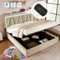 Sweiko Lit rembourré LED Lit double avec USB type C et LED,Lits de rangement Cadre de lit en lin Lit pour adolescent 140x200,Sans matelas