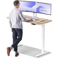 Desktronic HomePro Bureau électrique réglable en hauteur 140x70cm bambou/blancavec fonction mémoire, technologie anti-collision, ports de chargement USB-A et USB-C