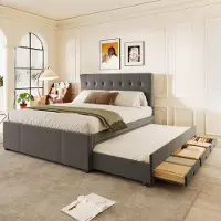 Sweiko Lit rembourré, 140x200cm, Lit double, Lit matrimonial avec trois tiroirs, Lit gigogne, Sans matelas, Gris