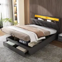 Sweiko Lit rembourré avec éclairage LED,Hydraulique Lit de rangement avec coffre de lit,tiroirs et compartiments de rangement,Lit double ,140 x 200cm,gris
