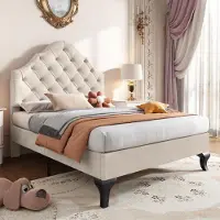 Sweiko Lit rembourré 90 x 200 avec sommier à lattes et tête de lit, lit rembourré avec tête de lit réglable en hauteur, lit de jeune, lit simple,velours,beige