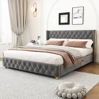 Sweiko Lit rembourré 140 x 190cm avec sommier à lattes et tête de lit, rembourrage à boutons, gris