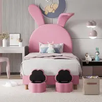Sweiko Lit rembourré 90x200, avec deux tabourets de rangement, LED, oreilles de lapin dépliables, sans matelas, rose
