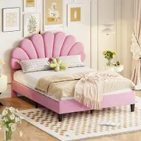 Sweiko Lit double rembourré 140 x 200 cm, cadre de lit avec tête de lit en forme de fleur et sommier à lattes, lit d'appoint rose