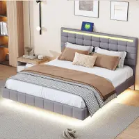 Sweiko Lit rembourré 160 x 200 cm, cadre de lit flottant rembourré avec lampes LED et design de la tête de lit, lit doubleGris