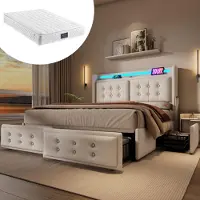Sweiko Lit rembourré 140x200, lit double avec tête de lit Led et USB C et 4 tiroirs, lits de rangement , Beige,Avec matelas