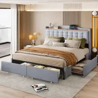 Sweiko Lit rembourré 160x200 cm, table de nuit avec prise de charge USB et tablette, lit double plat avec 4 tiroirs, tissu lin gris