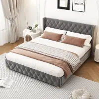 Sweiko Lit rembourré 180 x 200cm avec sommier à lattes et tête de lit, rembourrage à boutons, rembourrage à rivets, pieds en bois, velours, gris
