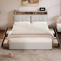 Sweiko Lit double avec 4 tiroirs et prise USB C, Lit rembourré 160x200cm, Tête de lit réglable en hauteur, Sommier à lattes en boisSans matelas