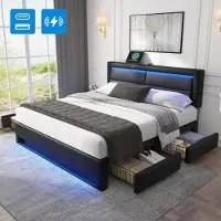 Sweiko Lit capitonné 140 x 190 cm avec port USB, avec éclairage LED et quatre tiroirs de rangement, sans matelas, designPolyuréthanelitchi, noir