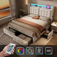 Sweiko Lit rembourré 140x200, lit double avec tête de lit Led et USB C et 4 tiroirs, lits de rangement , Beige,Sans matelas