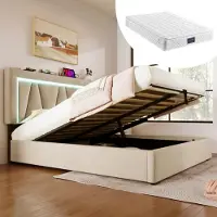 Sweiko Lit rembourré LED Lit double avec USB type C et LED,Lits de rangement Cadre de lit en lin Lit pour adolescent 160x200,Avec matelas