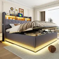 Sweiko Lit rembourré 180 x 200 cm, lit de rangement avec prise de charge USB et espace de rangement hydraulique, tissu de lin doux pour la peau, gris