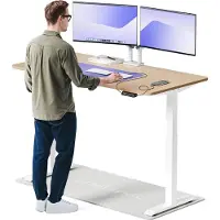 Desktronic HomeOne Bureau électrique réglable en hauteur 160x80cm bambou/blanc avec fonction mémoire, technologie anti-collision, ports de charge USB-A et USB-C