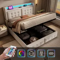 Sweiko Lit rembourré 160x200, lit double avec tête de lit Led et USB C , lit hydraulique , capacité de charge 300 kg,Beige,Sans matelas
