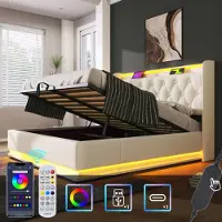 Sweiko Lit double rembourré, LDE 140 x 200 cm, blanc MatériauPolyuréthaneLit de camp hydraulique, tête de lit avec USB Type-C Sans matelas