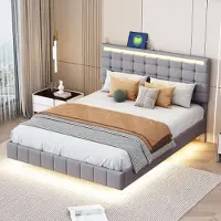 Sweiko Lit rembourré 140 x 200 cm, cadre de lit flottant rembourré avec lampes LED et design de la tête de lit, lit doubleGris
