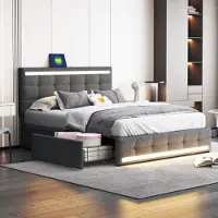Sweiko Lit rembourré 140 x 200,avec 4 tiroirs et 2 stations de recharge USB, cadre de lit avec pied de lit LED, gris