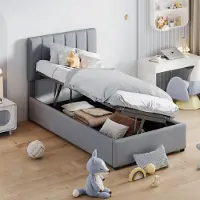 Sweiko Lit d'enfant Lit capitonné 90x200 cm, lit de rangement hydraulique, lit haut en lin doux pour la peau, gris