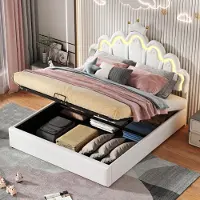 Sweiko 140 x 200cm lit plat, lit rembourré, lit de princesse, éclairage d'ambiance réglable, barre de couronne, blanc
